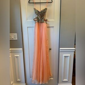 La Femme Peach Formal Gown with Sequin Cutout Bodice – Size 0